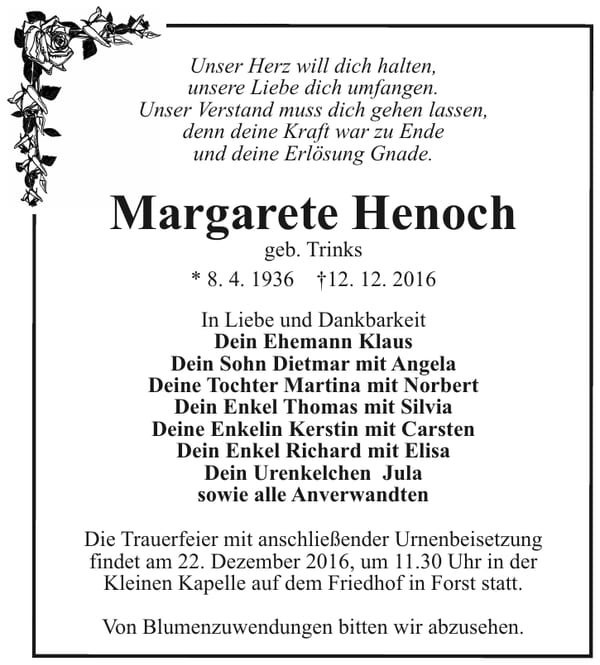 Traueranzeige Margarete Henoch, geb. Trinks