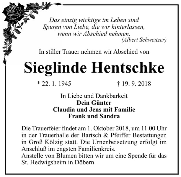 Traueranzeige Sieglinde Hentschke