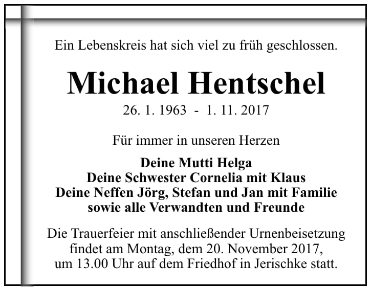 Traueranzeige Michael Hentschel