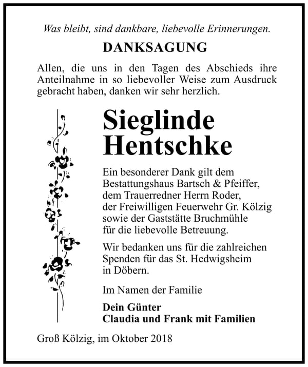 Danksagung Sieglinde Hentschke
