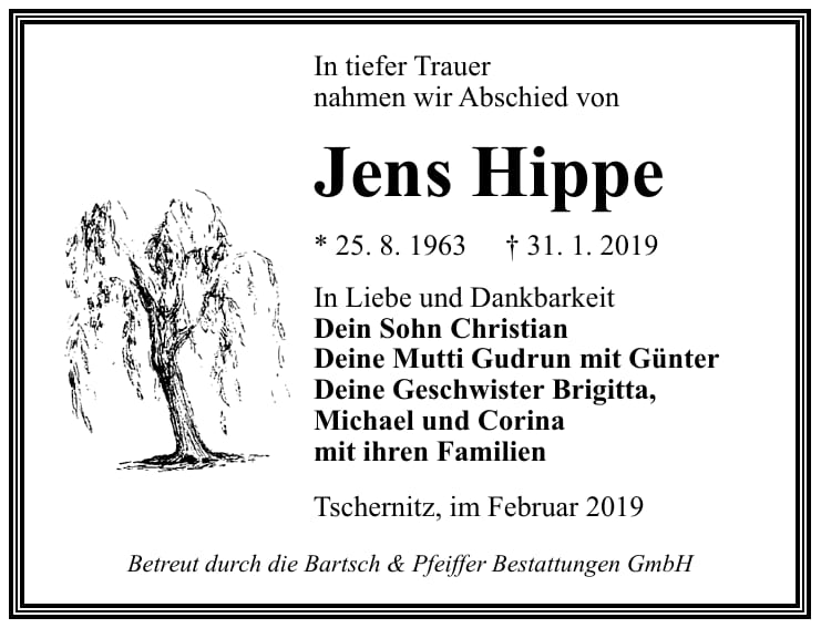 Traueranzeige Jens Hippe