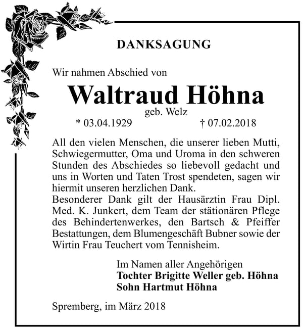 Danksagung Waltraud Höhna geb. Welz
