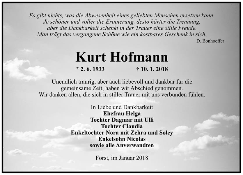 Danksagung Kurt Hofmann