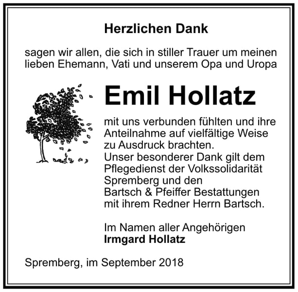 Danksagung Emil Hollatz