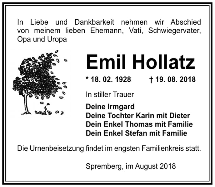 Traueranzeige Emil Hollatz
