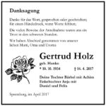 Danksagung Gertrud Holz, geb. Hanko