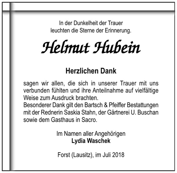 Danksagung Helmut Hubein