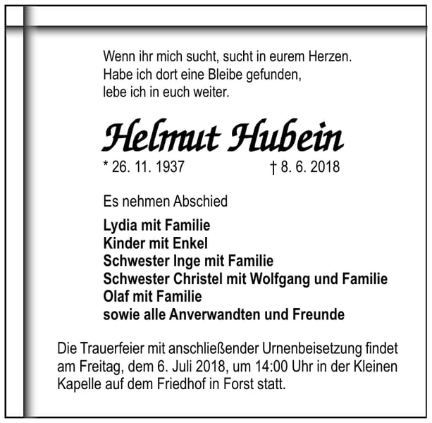 Traueranzeige Helmut Hubein
