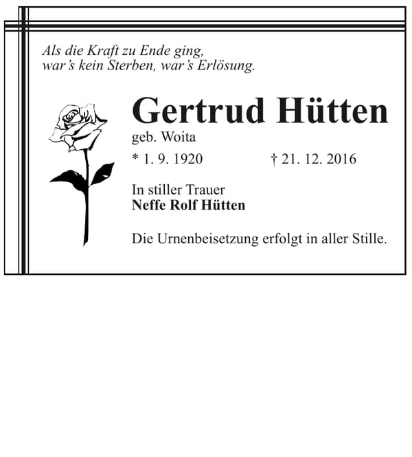 Traueranzeige Gertrud Hütten, geb. Woita