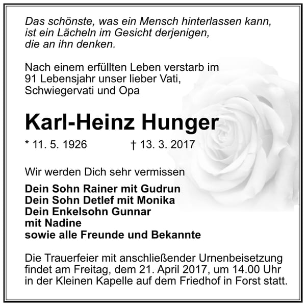 Traueranzeige Karl-Heinz Hunger