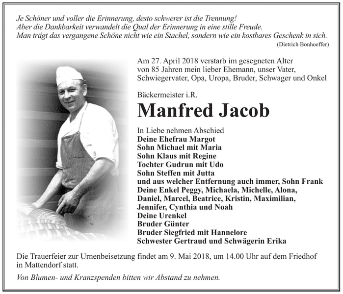 Traueranzeige Manfred Jacob