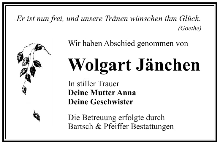 Traueranzeige Wolgart Jänchen