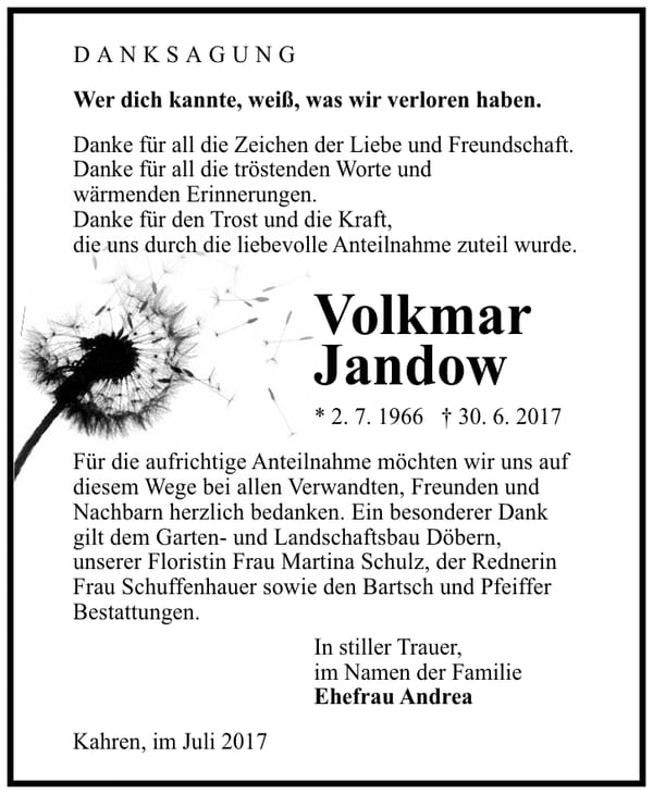 Danksagung Volkmar Jandow