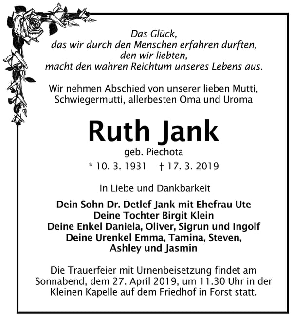 Traueranzeige Ruth Jank, geb. Piechota