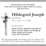 Traueranzeige Hildegard Joseph, geb. Winzer