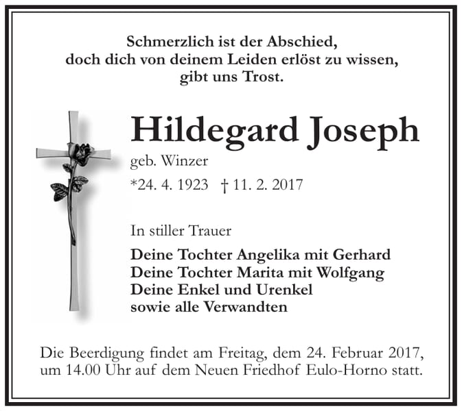 Traueranzeige Hildegard Joseph, geb. Winzer