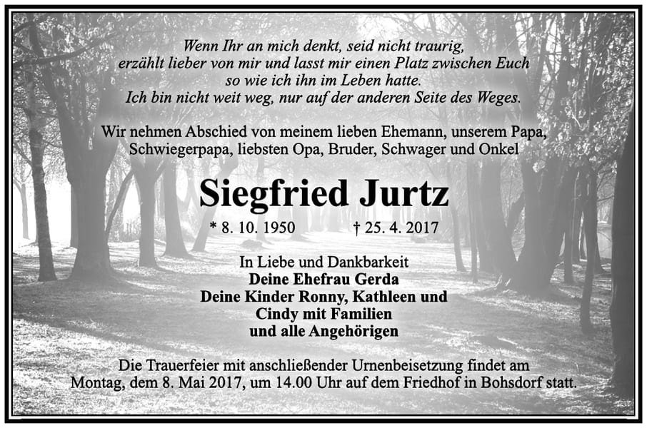 Traueranzeige Siegfried Jurtz