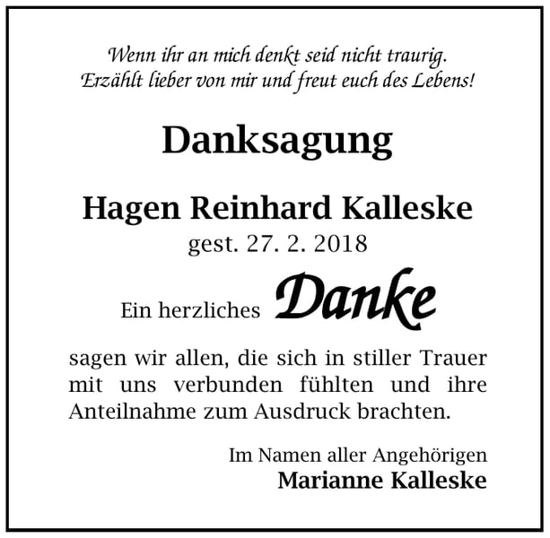 Danksagung Hagen Reinhard Kalleske