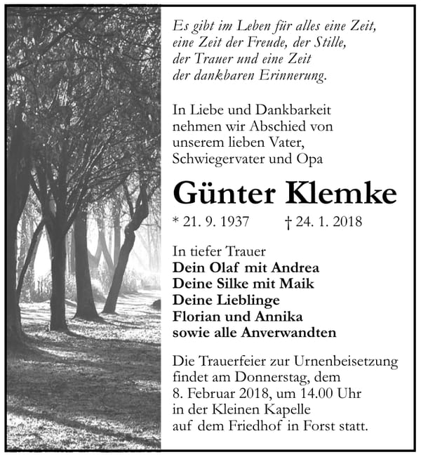 Traueranzeige Günter Klemke