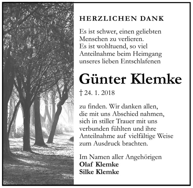 Danksagung Günter Klemke