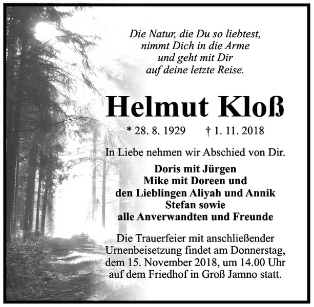 Traueranzeige Helmut Kloß