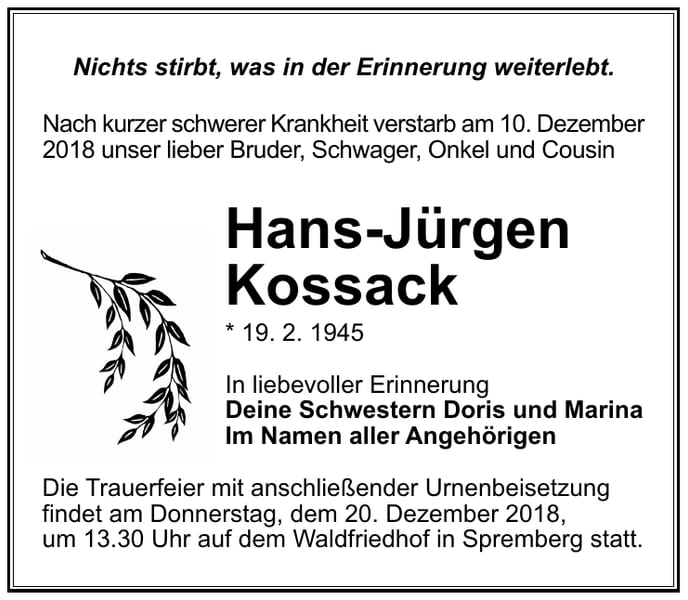 Traueranzeige Hans-Jürgen Kossack