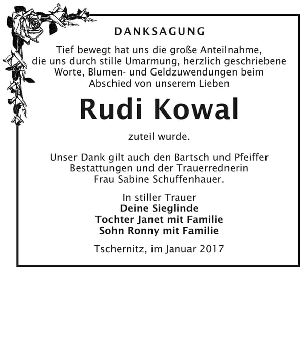 Danksagung Rudi Kowal