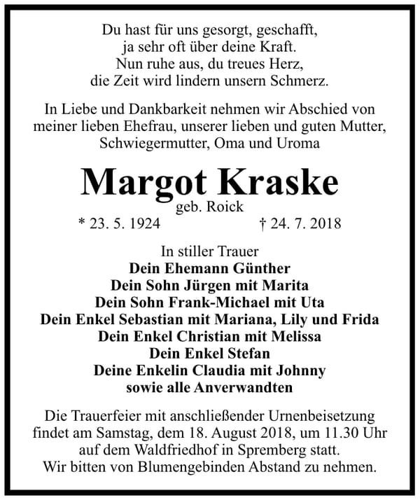 Traueranzeige Margot Kraske, geb. Roick