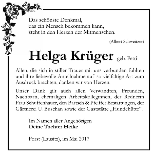 Danksagung Helga Krüger, geb. Petri