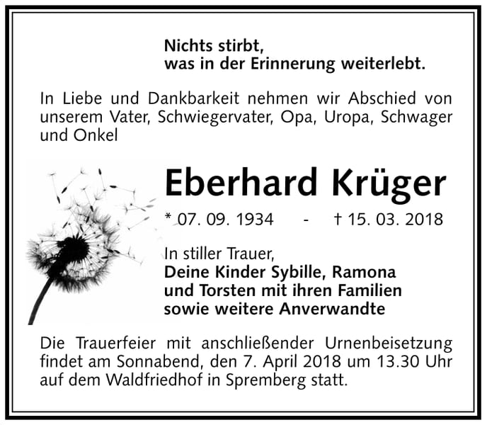 Traueranzeige Eberhard Krüger
