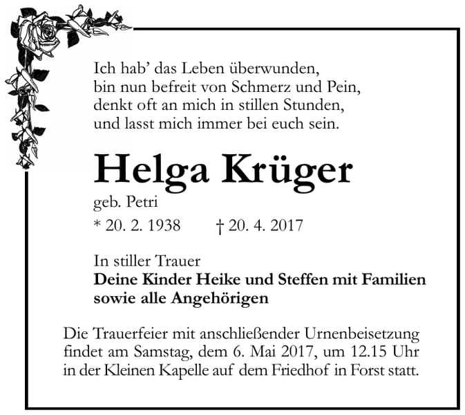 Traueranzeige Helga Krüger, geb. Petri