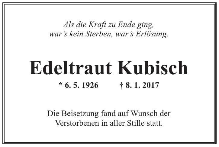 Traueranzeige Edeltraut Kubisch