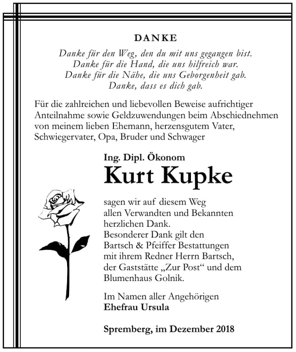 Danksagung Kurt Kupke