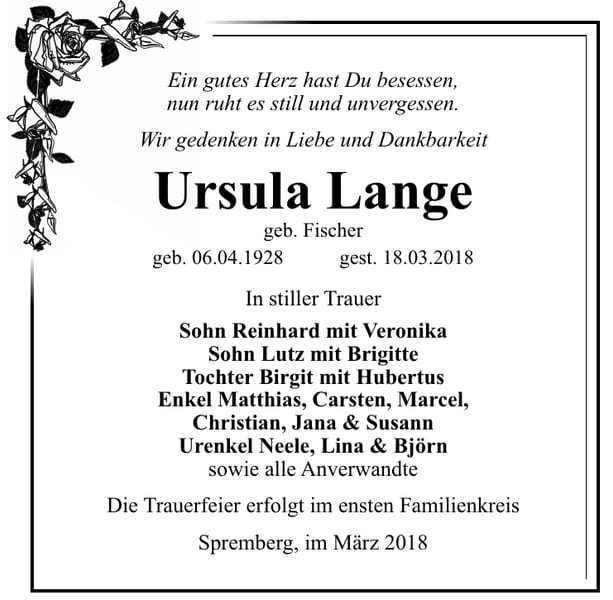 Traueranzeige Ursula Lange, geb. Fischer