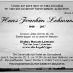 Traueranzeige Hans-Joachim Lehmann