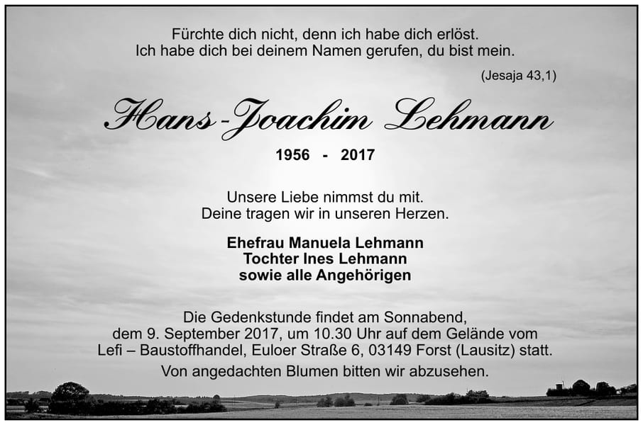 Traueranzeige Hans-Joachim Lehmann