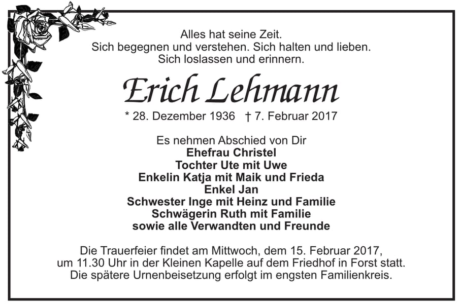 Traueranzeige Erich Lehmann