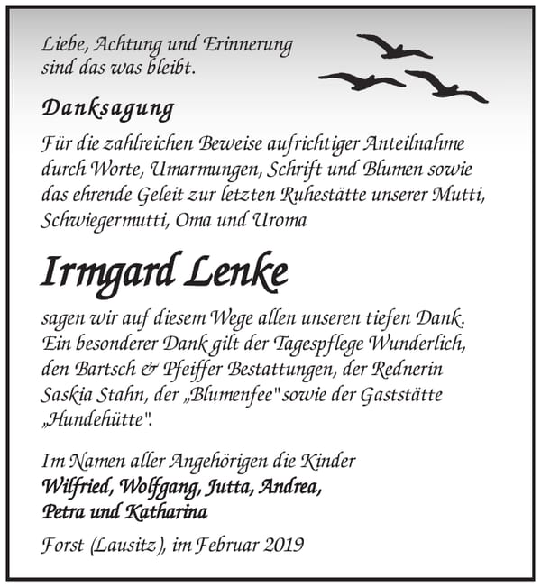 Traueranzeige Irmgard Lenke