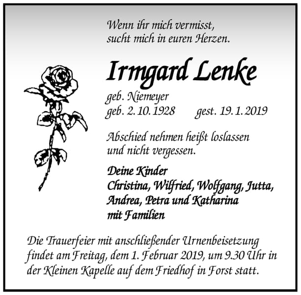 Traueranzeige Irmgard Lenke, geb. Niemeyer