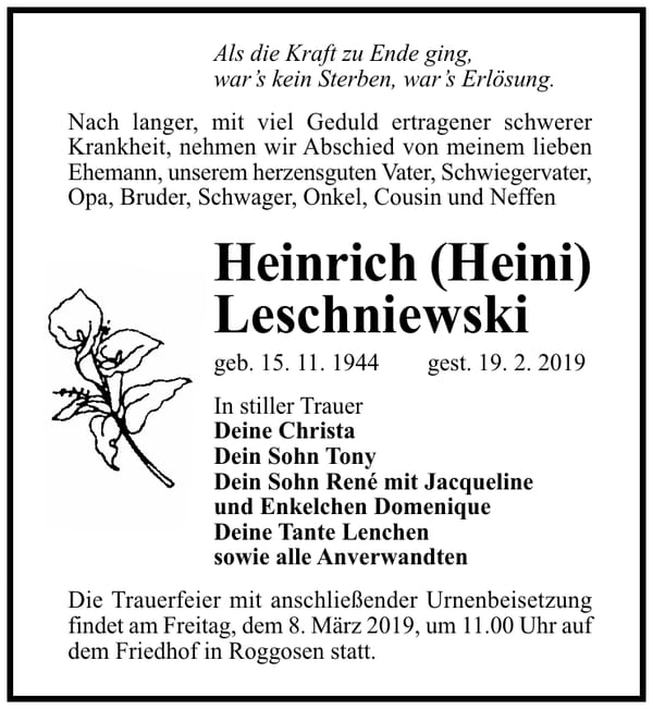 Traueranzeige Heinrich (Heini) Leschniewski