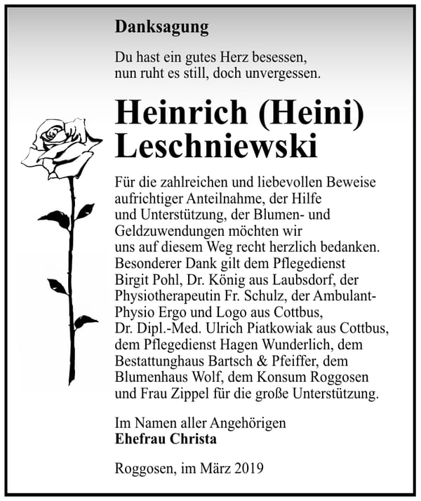 Traueranzeige Heinrich (Heini) Leschniewski