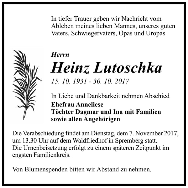Traueranzeige Heinz Lutoschka