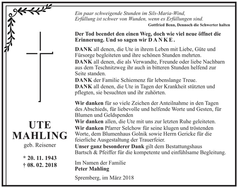 Danksagung UTE MAHLING, geb. Reisener