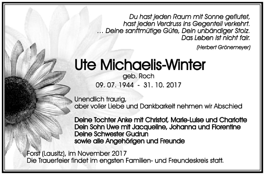 Traueranzeige Ute Michaelis-Winter, geb. Roc