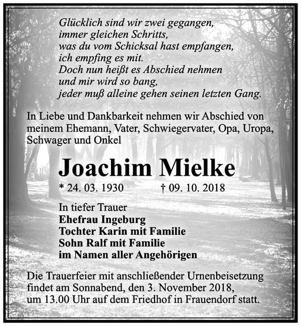 Traueranzeige Joachim Mielke
