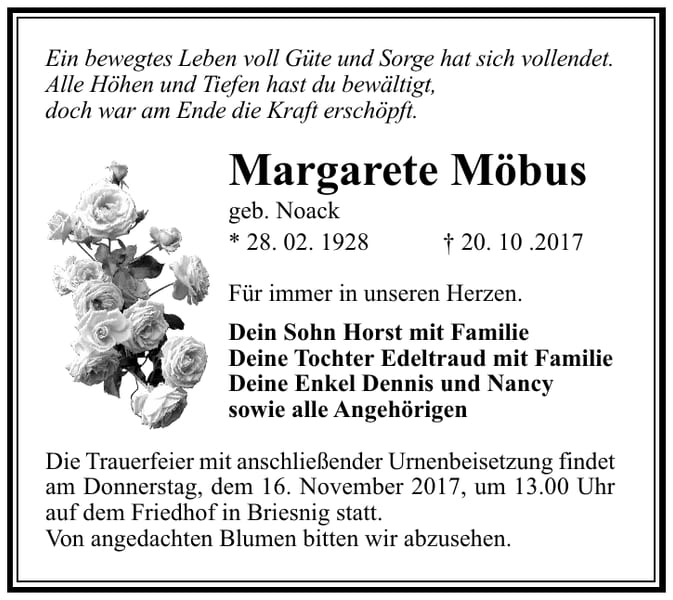 Traueranzeige Margarete Möbus, geb. Noack