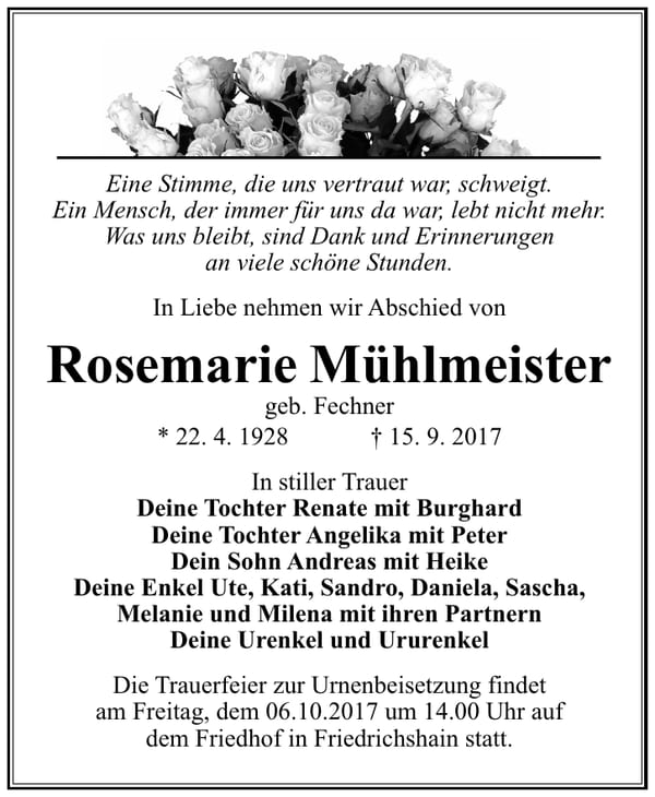 Traueranzeige Rosemarie Mühlmeister, geb. Fechner