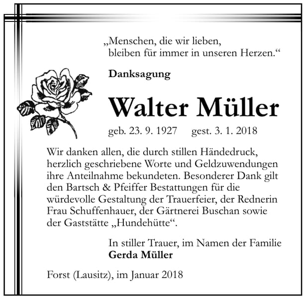 Danksagung Walter Müller
