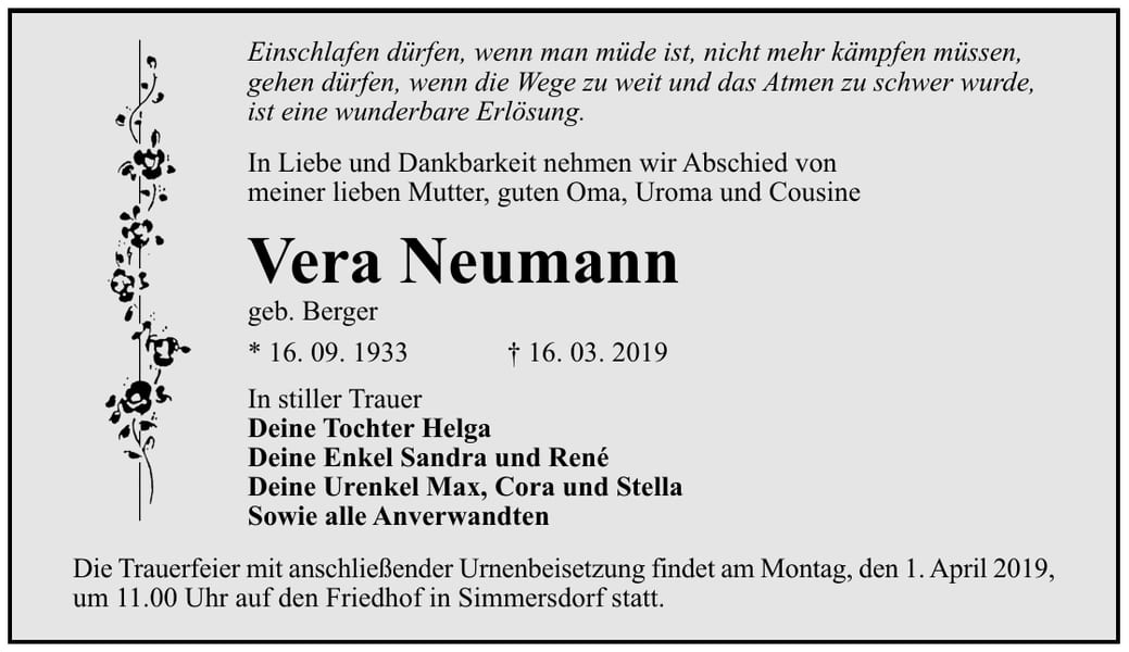 Traueranzeige Vera Neumann, geb. Berger