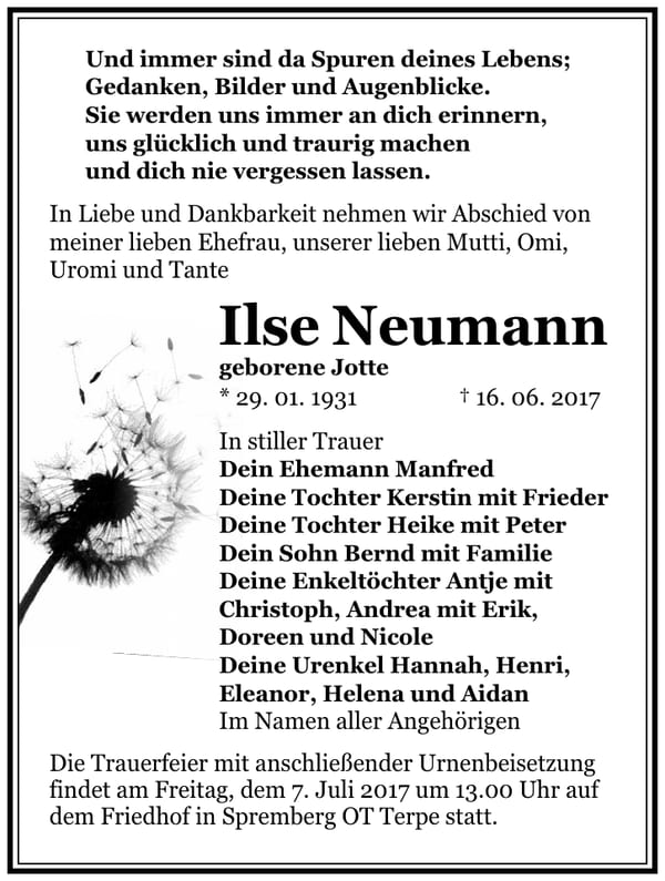 Traueranzeige Ilse Neumann